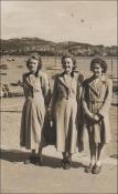Beti with her sister Marion and their cousin, at Deganwy, all wearing their £5 wool coats,  1950s
